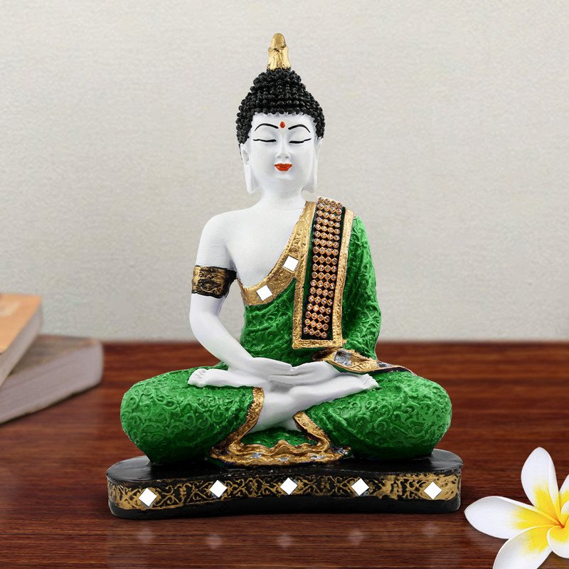 Buddha Idols Handcrafted Ployresin Lord Buddha Sitting And Meditation Green Colour Statue Showpiece Home Decor/Office Decor/Spiritual Gift Home Decor Showpiece and Gifts by HomeDecorKart and Karigaari India