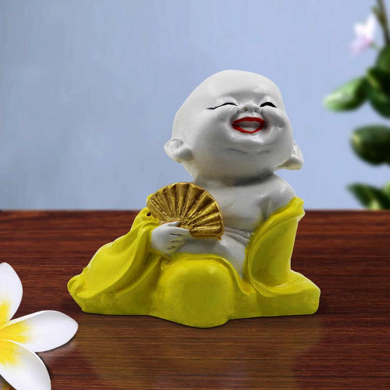 Buddha Idols Handcrafted Ployresin Lord Buddha Sitting  Laughing Statue Showpiece Home Decor/Office Decor/Spiritual Gift, White And Yellow Home Decor Showpiece and Gifts by HomeDecorKart and Karigaari India