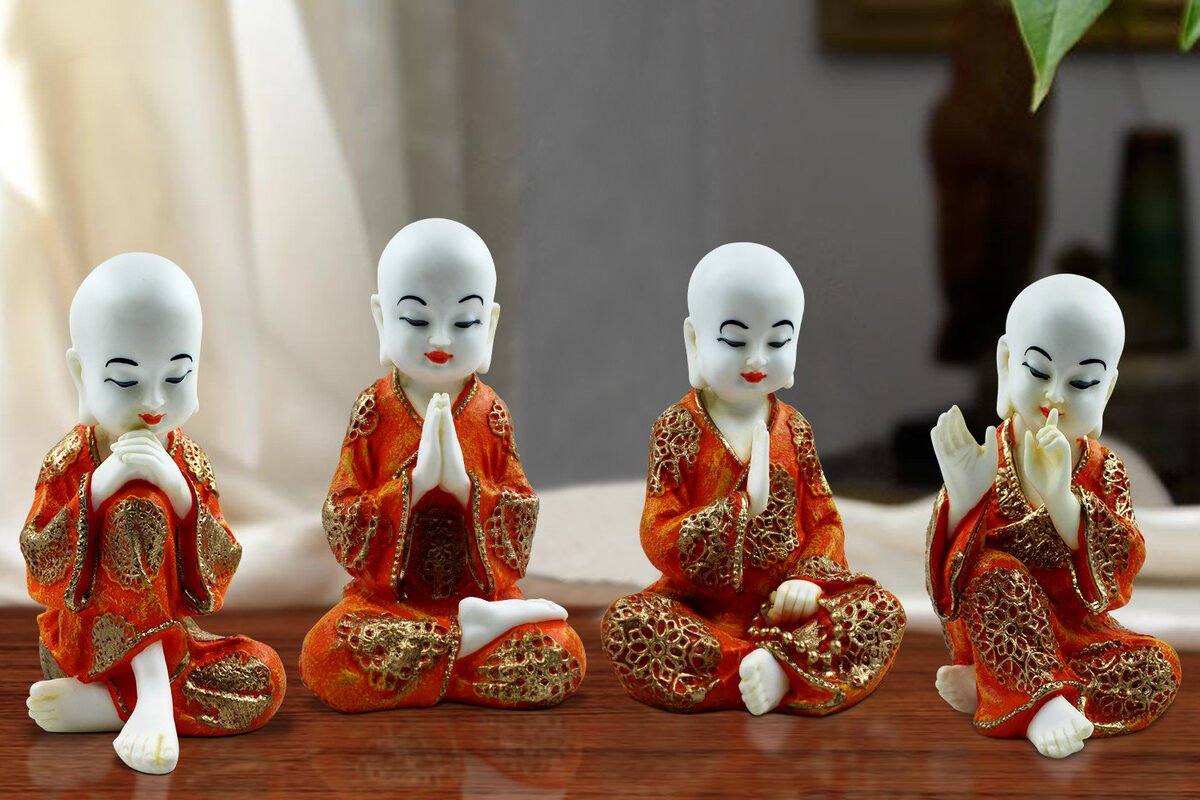 Buddha Idols Handcrafted Ployresin Lord Buddha Four Sitting Statues Showpiece Home Decor/Office Decor/Spiritual Gift, White And Orange Home Decor Showpiece and Gifts by HomeDecorKart and Karigaari India