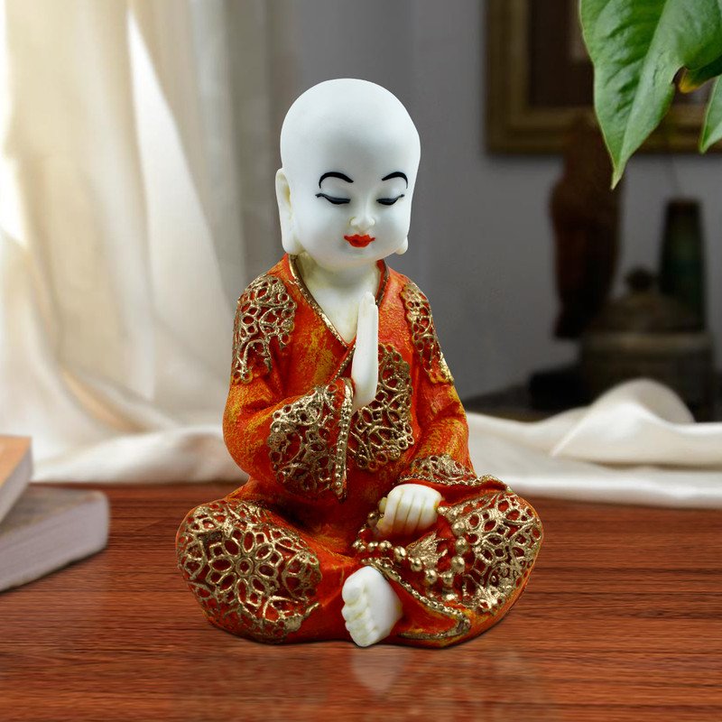 Buddha Idols Handcrafted Ployresin Lord Buddha Sitting White And Orange Statue Showpiece Home Decor/Office Decor/Spiritual Gift Home Decor Showpiece and Gifts by HomeDecorKart and Karigaari India