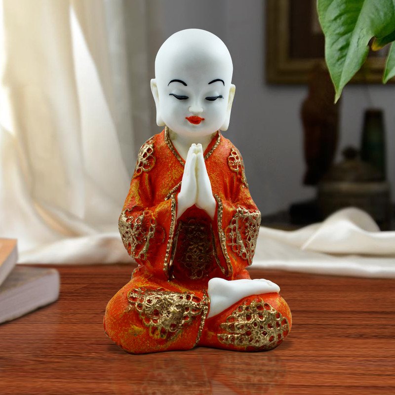 Buddha Idols Handcrafted Ployresin Lord Buddha Praying  White And Orange Statue Showpiece Home Decor/Office Decor/Spiritual Gift Home Decor Showpiece and Gifts by HomeDecorKart and Karigaari India