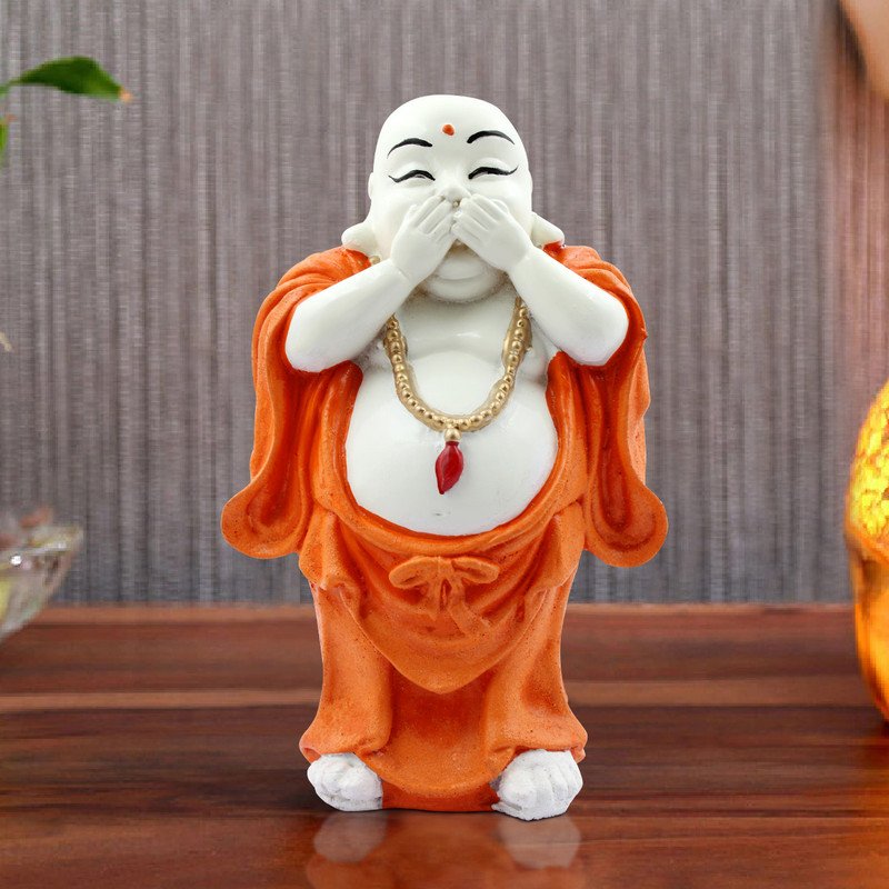 Buddha Idols Handcrafted Ployresin Lord Buddha Standing With Putting Hand On Mouth Statue Showpiece Home Decor/Office Decor/Spiritual Gift, White And Orange Home Decor Showpiece and Gifts by HomeDecorKart and Karigaari India