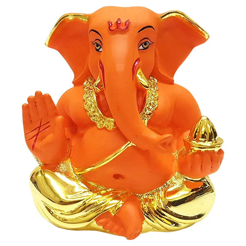 Gold/Silver Plated Ganesha Stylish Dagdu Ganesha for Car Dashboard & Gifting (Orange) Home Decor Showpiece and Gifts by HomeDecorKart and Karigaari India