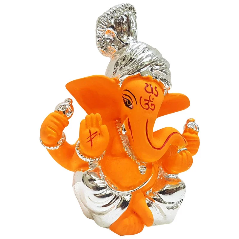 Gold/Silver Plated Ganesha Handcrafted Orange & Silver Ceramic Ganesha Idol for Car Dashboard I Gifting Home Decor Showpiece and Gifts by HomeDecorKart and Karigaari India