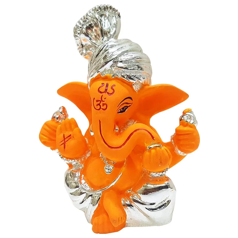 Gold/Silver Plated Ganesha Handcrafted Orange & Silver Ceramic Ganesha Idol for Car Dashboard I Gifting Home Decor Showpiece and Gifts by HomeDecorKart and Karigaari India