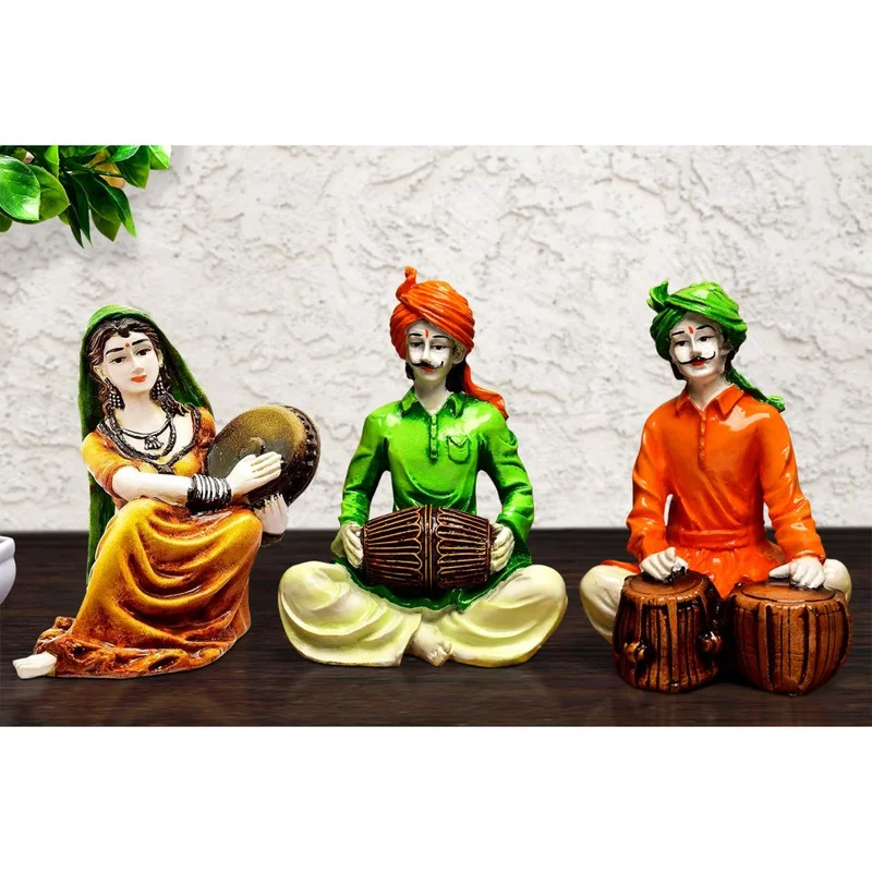 Home Decor Traditions of Rajasthani : Man Playing Tabla with Dafli Lady & Dholak Man Showpiece Home Decor Showpiece and Gifts by HomeDecorKart and Karigaari India