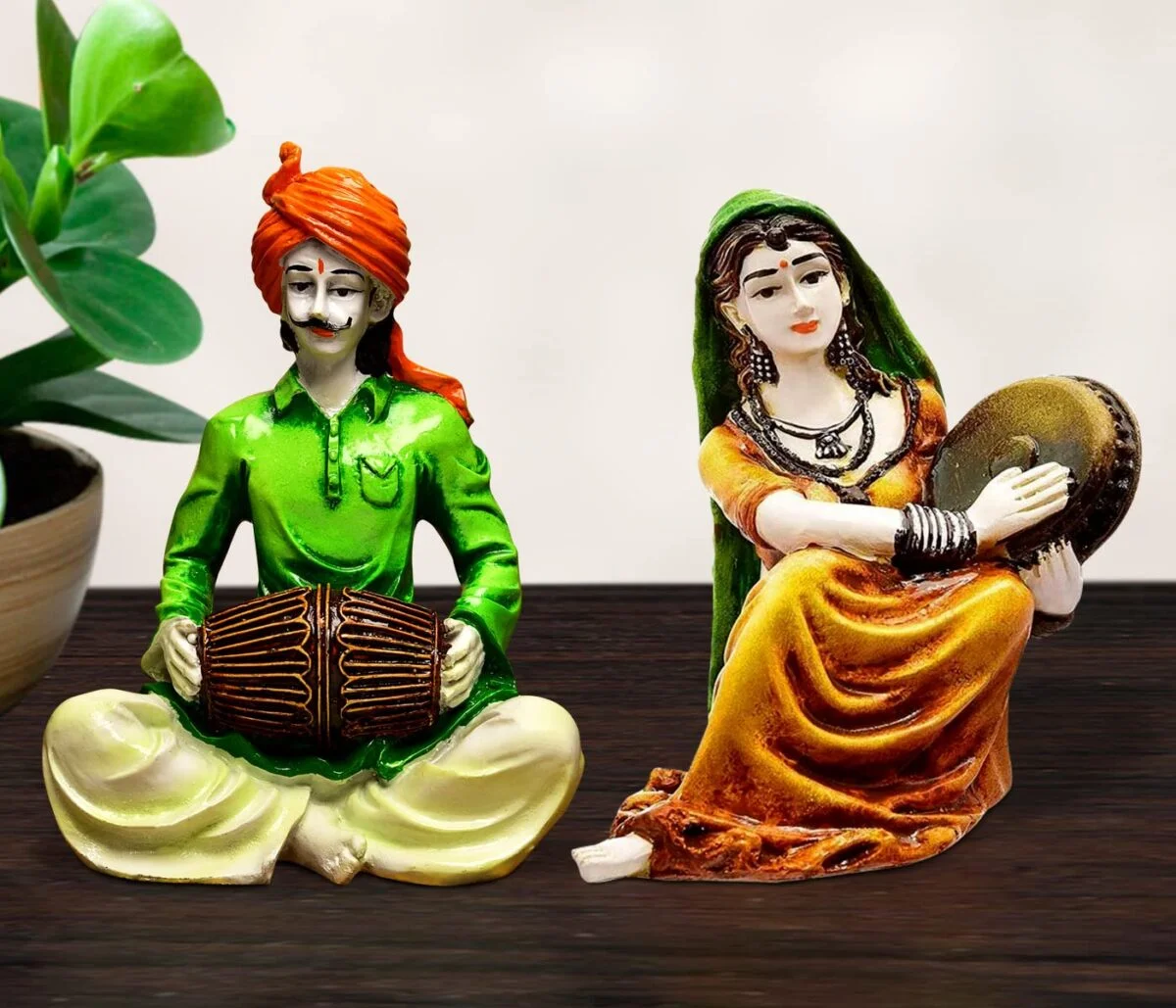 Home Decor Traditions of Rajasthani : Man Playing Dholak & Lady with Dafli Home Decor Showpiece and Gifts by HomeDecorKart and Karigaari India