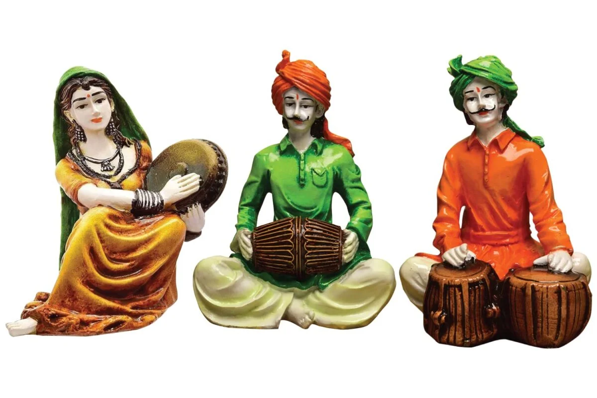 Home Decor Traditions of Rajasthani : Man Playing Tabla with Dafli Lady & Dholak Man Showpiece Home Decor Showpiece and Gifts by HomeDecorKart and Karigaari India