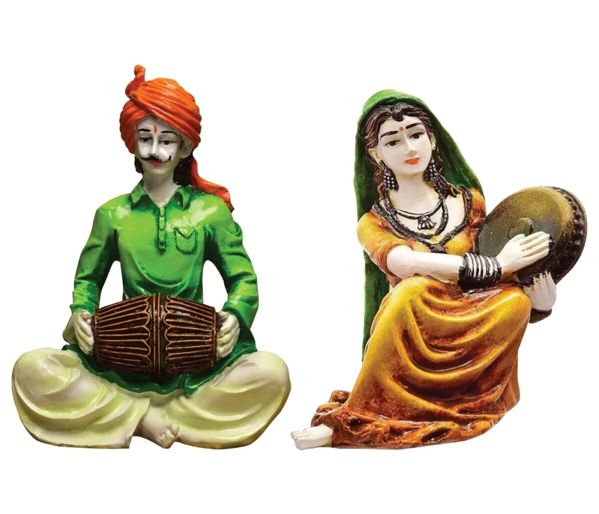 Home Decor Traditions of Rajasthani : Man Playing Dholak & Lady with Dafli Home Decor Showpiece and Gifts by HomeDecorKart and Karigaari India