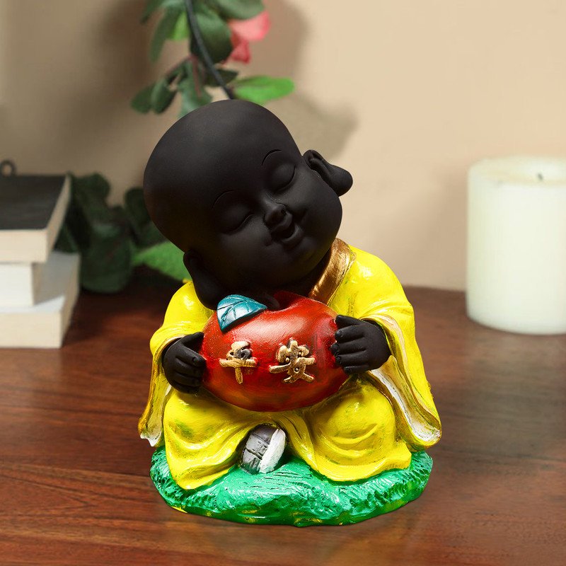 Buddha Idols Handcrafted Ployresin Sitting With Taking Apple In Hand Lord Buddha Statue Showpiece Home Decor/Office Decor/Spiritual Gift, Yellow Colour Home Decor Showpiece and Gifts by HomeDecorKart and Karigaari India