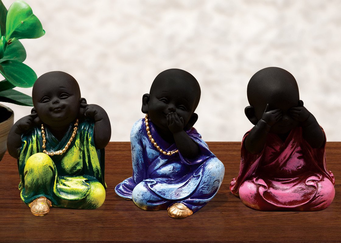 Buddha Idols Handcrafted Ployresin Sitting Lord Buddha Statue Green, Blue And Pink Colour Showpiece Home Decor/Office Decor/Spiritual Gift, Three Pieces Home Decor Showpiece and Gifts by HomeDecorKart and Karigaari India