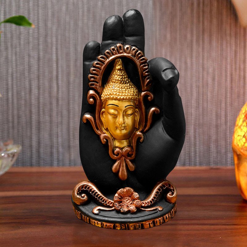 Buddha Idols Handcrafted Ployresin Face On Hand Lord Buddha Black And Golden Colour Statue Showpiece Home Decor/Office Decor/Spiritual Gift Home Decor Showpiece and Gifts by HomeDecorKart and Karigaari India