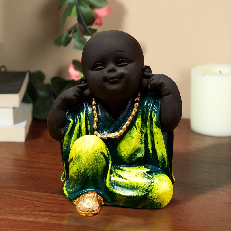 Home Decor Handcrafted Ployresin Green Colour Sitting And Putting Fingers In Ears Lord Buddha Statue Showpiece Home Decor/Office Decor/Spiritual Gift Home Decor Showpiece and Gifts by HomeDecorKart and Karigaari India