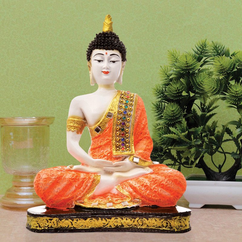 Buddha Idols Handcrafted Ployresin Meditating Orange Colour Sitting Lord Buddha Statue Showpiece Home Decor/Office Decor/Spiritual Gift Home Decor Showpiece and Gifts by HomeDecorKart and Karigaari India