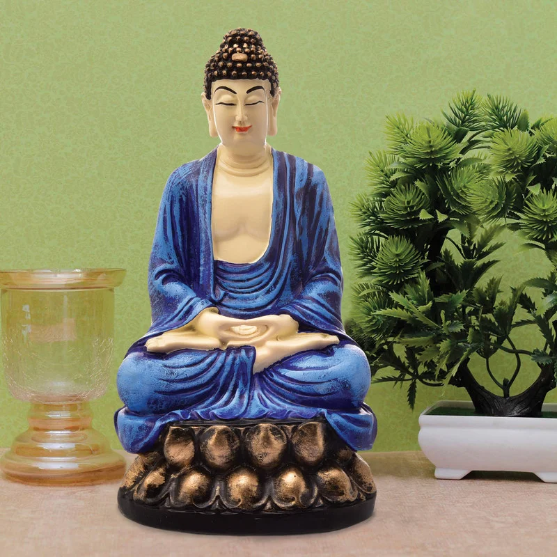 Buddha Idols Handcrafted Ployresin Lord Buddha Meditating Statue Sitting On Lotus Showpiece Home Decor/Office Decor/Spiritual Gift, Blue Home Decor Showpiece and Gifts by HomeDecorKart and Karigaari India