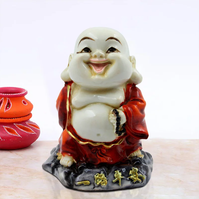 Buddha Idols Handcrafted Ployresin Lord Buddha Standing Laughing Statue Showpiece Home Decor/Office Decor/Spiritual Gift, White And Red Home Decor Showpiece and Gifts by HomeDecorKart and Karigaari India