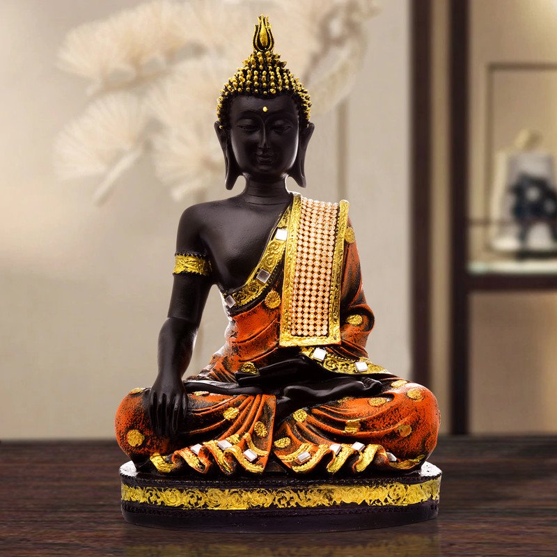 Buddha Idols Handcrafted Ployresin Lord Buddha Multicolour Meditating Statue Sitting On Golden Colour Table Showpiece Home Decor/Office Decor/Spiritual Gift Home Decor Showpiece and Gifts by HomeDecorKart and Karigaari India