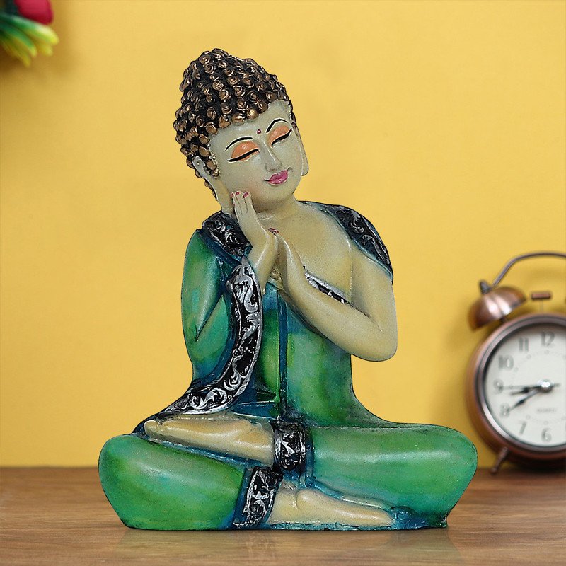 Buddha Idols Handcrafted Ployresin Lord Buddha Sitting And Sleeping Statue Showpiece Home Decor/Office Decor/Spiritual Gift, Black And Green Home Decor Showpiece and Gifts by HomeDecorKart and Karigaari India