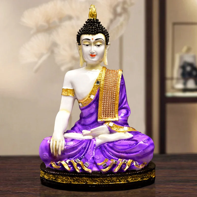 Buddha Idols Handcrafted Ployresin Lord Buddha Purple Colour Meditating Sitting Statue Sitting On Golden Colour Table Showpiece Home Decor/Office Decor/Spiritual Gift Home Decor Showpiece and Gifts by HomeDecorKart and Karigaari India