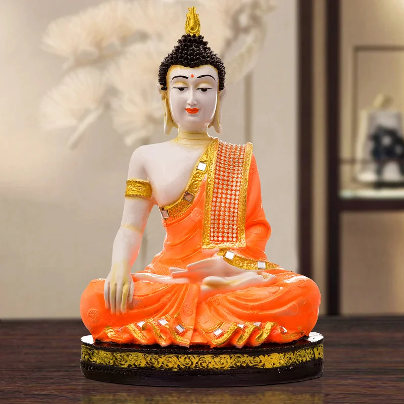 Buddha Idols Handcrafted Ployresin Lord Buddha Meditating Statue Sitting On Golden Colour Table Showpiece Home Decor/Office Decor/Spiritual Gift, Orange Colour Home Decor Showpiece and Gifts by HomeDecorKart and Karigaari India