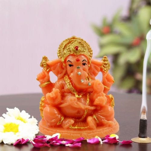 Car Dashboard Idols Lord Ganesha Sitting Idol Orange Colour for Home Decor Home Decor Showpiece and Gifts by HomeDecorKart and Karigaari India