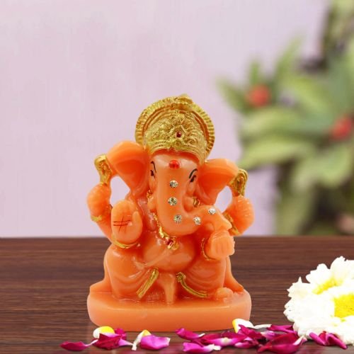 Car Dashboard Idols Small Lord Ganesha Sitting Idol Orange Colour for Home Decor Home Decor Showpiece and Gifts by HomeDecorKart and Karigaari India