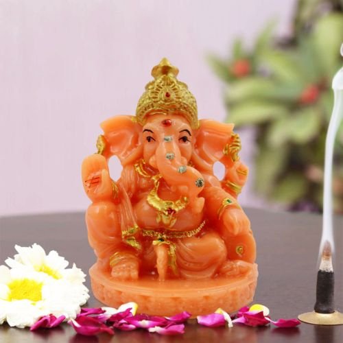 Car Dashboard Idols Lord Ganesha Sitting with One Leg Fold Orange Colour Idol for Home Decor Home Decor Showpiece and Gifts by HomeDecorKart and Karigaari India