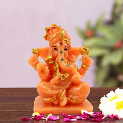 Car Dashboard Idols Lord Ganesha Wearing Paghadi And Sitting Orange Colour Idol for Home Decor Home Decor Showpiece and Gifts by HomeDecorKart and Karigaari India