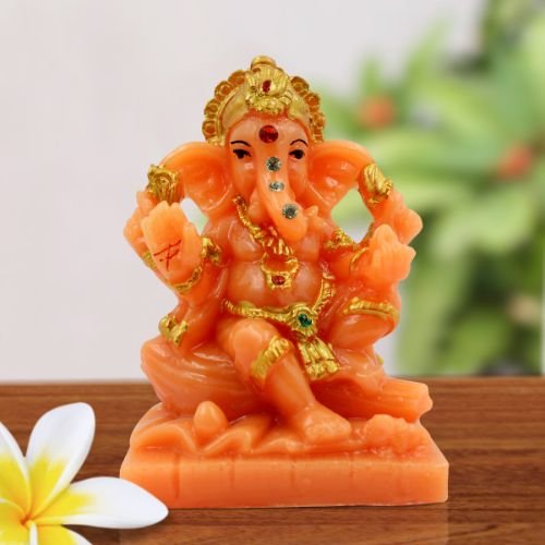 Car Dashboard Idols Lord Ganesha sitting Unique Orange Colour Idol for Home Decor Home Decor Showpiece and Gifts by HomeDecorKart and Karigaari India