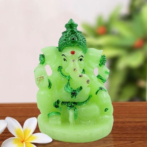 Car Dashboard Idols Small Lord Ganesha Sitting With Folding Leg Crystal Green Colour Idol for Home Decor Home Decor Showpiece and Gifts by HomeDecorKart and Karigaari India