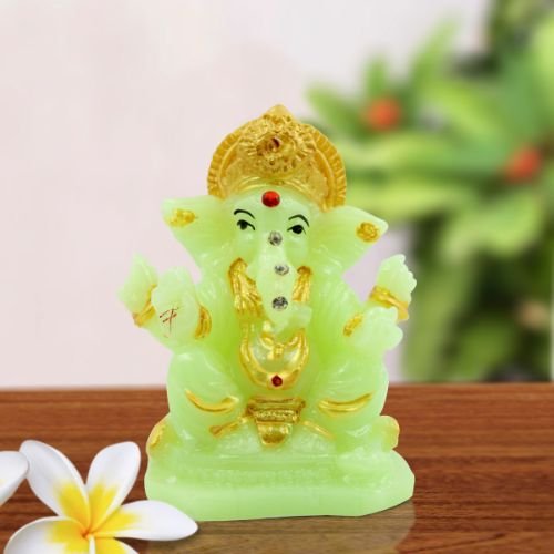 Car Dashboard Idols Small Lord Ganesha Sitting Wearing Gold Ornaments Crystal Green Idol for Home Decor Home Decor Showpiece and Gifts by HomeDecorKart and Karigaari India