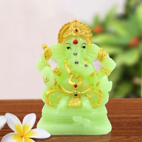 Car Dashboard Idols Small Lord Ganesha With Rat Sitting Wearing Gold Ornaments Crystal Green Idol for Home Decor Home Decor Showpiece and Gifts by HomeDecorKart and Karigaari India