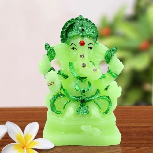 Car Dashboard Idols Small Lord Ganesha With Rat Sitting Wearing Green Ornaments Crystal Green Idol for Home Decor Home Decor Showpiece and Gifts by HomeDecorKart and Karigaari India