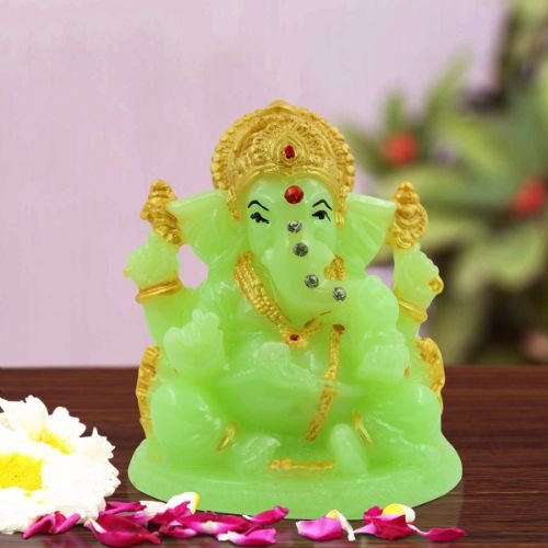 Car Dashboard Idols Lord Ganesha sitting Unique Crystal Green Colour Idol with Golden Ornaments for Home Decor Home Decor Showpiece and Gifts by HomeDecorKart and Karigaari India