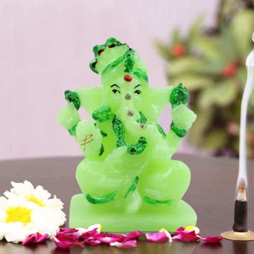 Car Dashboard Idols Crystal Green Colour Lord Ganesha sitting Idol with Dark Green Color Ornaments for Home Decor Home Decor Showpiece and Gifts by HomeDecorKart and Karigaari India