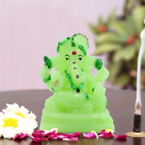 Car Dashboard Idols Small Crystal Green Colour Lord Ganesha sitting Idol with Dark Green Color Ornaments for Home Decor Home Decor Showpiece and Gifts by HomeDecorKart and Karigaari India