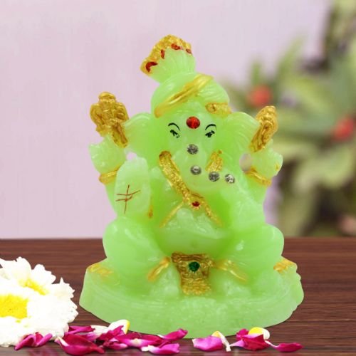 Car Dashboard Idols Small Lord Ganesha sitting Unique Crystal Green Colour Idol with Golden Ornaments for Home Decor Home Decor Showpiece and Gifts by HomeDecorKart and Karigaari India