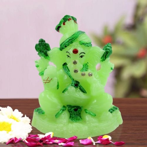 Car Dashboard Idols Unique Crystal Green Colour Lord Ganesha sitting Idol with Dark Green Color Ornaments for Home Decor Home Decor Showpiece and Gifts by HomeDecorKart and Karigaari India