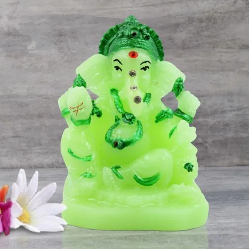 Car Dashboard Idols Unique Crystal Green Colour Lord Ganesha sitting with One leg Up Idol for Home Decor Home Decor Showpiece and Gifts by HomeDecorKart and Karigaari India