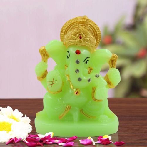 Car Dashboard Idols beautiful Lord Ganesha sitting Unique Crystal Green Colour Idol with Golden Ornaments for Home Decor Home Decor Showpiece and Gifts by HomeDecorKart and Karigaari India