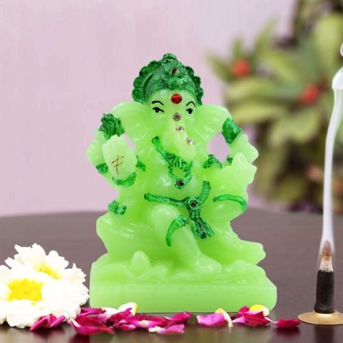 Car Dashboard Idols Beautiful Lord Ganesha sitting Unique Crystal Green Colour Idol with Dark Green Color Ornaments for Home Decor Home Decor Showpiece and Gifts by HomeDecorKart and Karigaari India