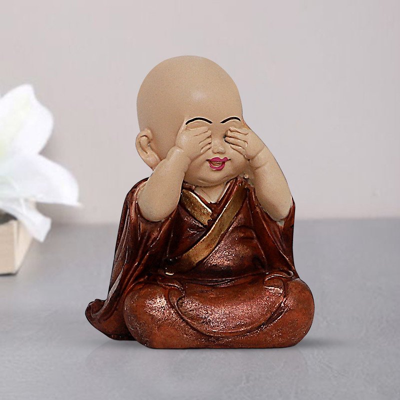 Buddha Idols Handcrafted Ployresin Lord Buddha Sitting With Putting Hands On Eyes Wearing Shiny Brown Clothes Statue Showpiece Home Decor/Office Decor/Spiritual Gift Home Decor Showpiece and Gifts by HomeDecorKart and Karigaari India