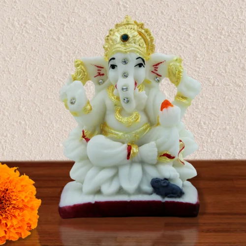 Car Dashboard Idols Lord Ganesha Sitting with Mouse for Home Decor White Color Home Decor Showpiece and Gifts by HomeDecorKart and Karigaari India