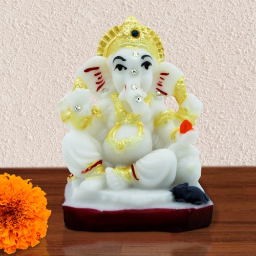 Car Dashboard Idols Lord Ganesha Sitting with Black Mouse for Home Decor White Color Home Decor Showpiece and Gifts by HomeDecorKart and Karigaari India