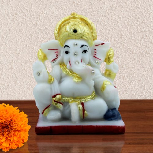 Car Dashboard Idols Lord Ganesha Sitting with Mouse for Home Decor White Color Home Decor Showpiece and Gifts by HomeDecorKart and Karigaari India