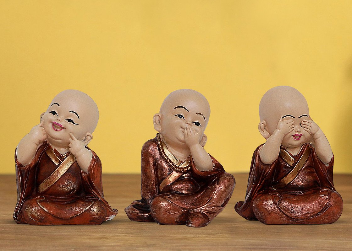 Buddha Idols Handcrafted Ployresin Lord Buddha Three Sitting Statues Wearing Shiny Brown Clothes Showpiece Home Decor/Office Decor/Spiritual Gift Home Decor Showpiece and Gifts by HomeDecorKart and Karigaari India