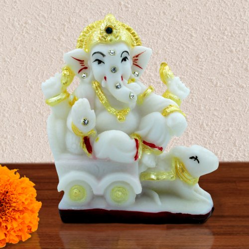 Car Dashboard Idols Lord Ganesha Sitting On Rath for Home Decor Crystal White Color Home Decor Showpiece and Gifts by HomeDecorKart and Karigaari India