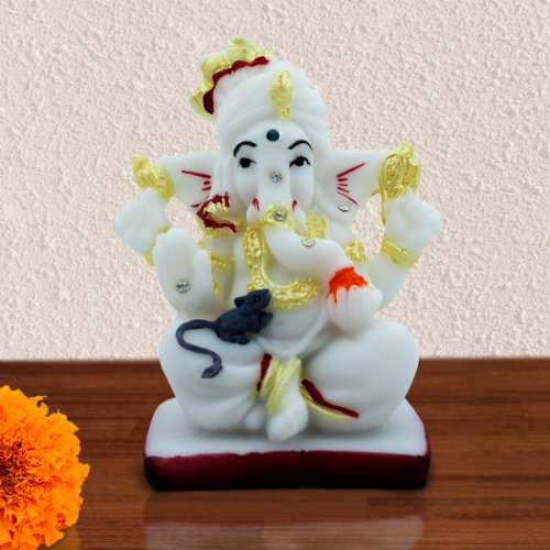 Car Dashboard Idols Lord Ganesha Sitting with Mouse Crystal White Color Idol for Home Decor Home Decor Showpiece and Gifts by HomeDecorKart and Karigaari India