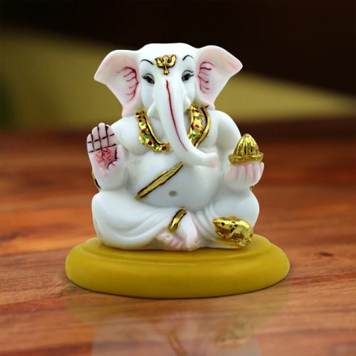 Car Dashboard Idols Unique Lord Ganesha Sitting White Color Idol With Golden Ornaments for Home Decor Home Decor Showpiece and Gifts by HomeDecorKart and Karigaari India