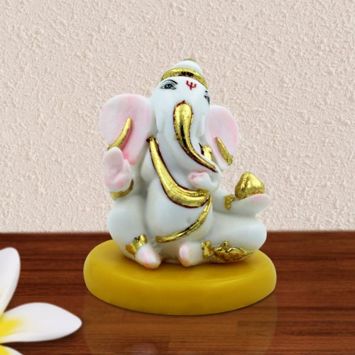 Car Dashboard Idols Unique Design Lord Ganesha Sitting White Color Idol With Golden Ornaments for Home Decor Home Decor Showpiece and Gifts by HomeDecorKart and Karigaari India